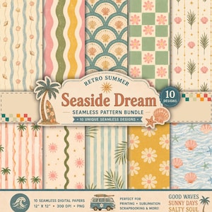 May include: A digital collection of 10 seamless patterns titled Retro Summer Seaside Dream. The designs feature motifs including seashells, palm trees, flowers, suns, surfboards, and checkered prints in a palette of muted pink, green, and yellow.