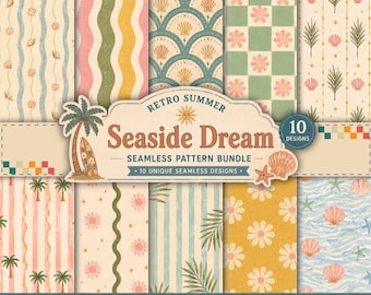 Zestaw bezszwowego wzoru retro na lato | Zestaw papieru cyfrowego w stylu nadmorskim | Muszla plażowa, palma, stokrotka w stylu vintage | Album do scrapbookingu, tkanina, sublimacja