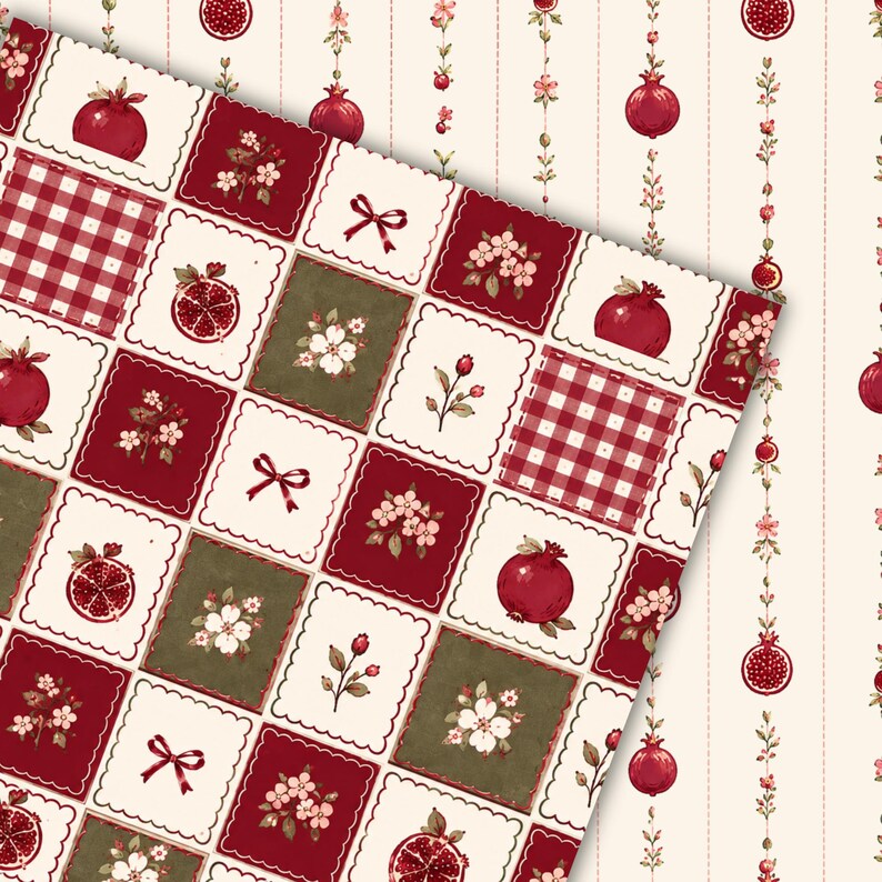 Retro Pattern Backing Paper Pomegranate Seamless Pattern Bundle L Vintage Floral Pomegranate ...