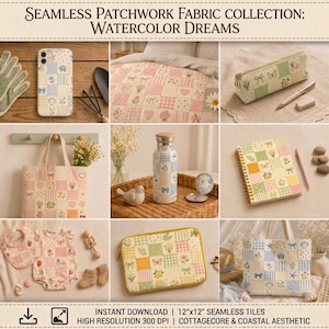 Peut inclure: Une collection d'objets avec des motifs patchwork sans couture dans des styles aquarelle, incluant une coque de t&eacute;l&eacute;phone, une couette, une trousse, un sac fourre-tout, une gourde, un carnet, des v&ecirc;tements pour b&eacute;b&eacute; et une housse d'ordinateur, avec le texte SEAMLESS PATCHWORK FABRIC COLLECTION: WATERCOLOR DREAMS.