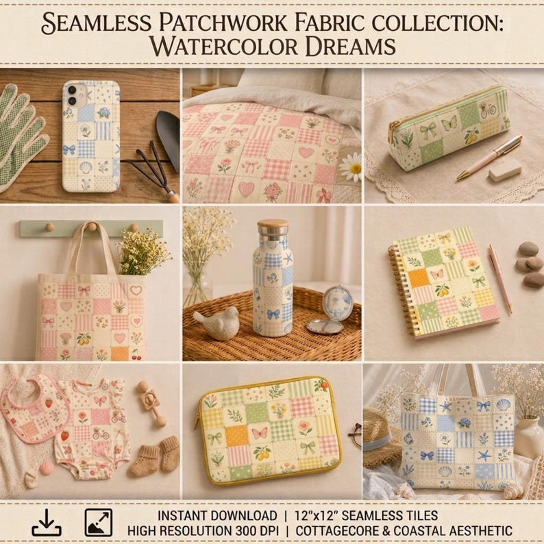 Peut inclure: Une collection d'objets avec des motifs patchwork sans couture dans des styles aquarelle, incluant une coque de t&eacute;l&eacute;phone, une couette, une trousse, un sac fourre-tout, une gourde, un carnet, des v&ecirc;tements pour b&eacute;b&eacute; et une housse d'ordinateur, avec le texte SEAMLESS PATCHWORK FABRIC COLLECTION: WATERCOLOR DREAMS.