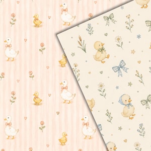 May include: Two overlapping sheets of patterned paper. The left sheet features a light pink vertical stripe background with illustrations of white ducks, yellow ducklings, small flowers, and hearts. The right sheet has a cream background with ducks, bows, flowers, and stars.