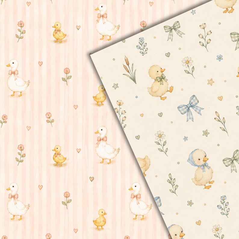 May include: Two overlapping sheets of patterned paper. The left sheet features a light pink vertical stripe background with illustrations of white ducks, yellow ducklings, small flowers, and hearts. The right sheet has a cream background with ducks, bows, flowers, and stars.