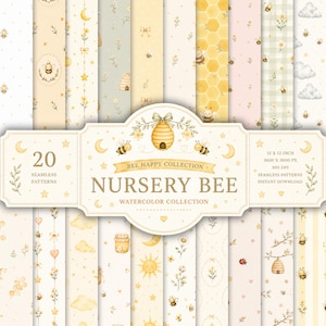 May include: A digital collection of 20 seamless watercolor patterns featuring bees, honeycombs, beehives, flowers, clouds, and stars in yellow and soft pastel tones. The central label reads Bee Happy Collection Nursery Bee Watercolor Collection.