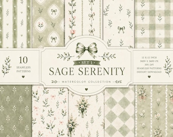 Zestaw bezszwowych wzorów Coquette Sage Green | Papier cyfrowy akwarelowy | Vintage Floral & Bow PNG | Sublimacja w stylu shabby chic Cottagecore