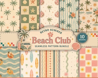 Zestaw bezszwowego wzoru retro Palm Springs | Cyfrowy papier Coastal Summer | Papier do scrapbookingu w stylu vintage z motywem plaży | Deska surfingowa, palma, kula dyskotekowa