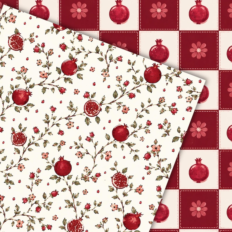 Retro Pattern Backing Paper Pomegranate Seamless Pattern Bundle L Vintage Floral Pomegranate ...