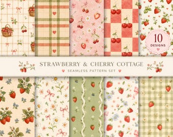 Zestaw papieru cyfrowego Vintage Strawberry Cottagecore | Bezszwowe wzory wiśniowe | Papier do scrapbookingu Coquette Floral | Tło piknikowe