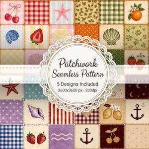May include: A digital patchwork seamless pattern featuring a grid of squares with various illustrations including cherries, strawberries, seashells, starfish, anchors, lemons, and gingham prints. A central white lace doily overlay displays the text Patchwork Seamless Pattern 5 Designs Included 3600x3600 px - 300dpi.