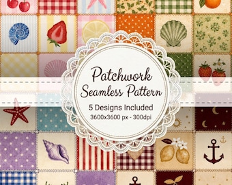 5 Summer, Coquette Patchwork PNG Patterns l Bundle de papier numérique sans couture l Fraises, cerises, motifs floraux de plage