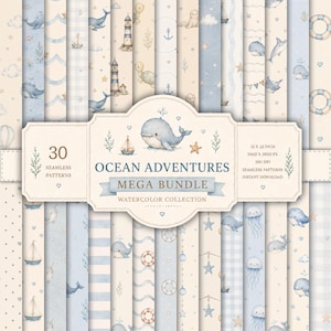 May include: A digital collection of 30 seamless patterns titled Ocean Adventures Mega Bundle, featuring watercolor illustrations of whales, lighthouses, sailboats, jellyfish, and starfish in soft blue and cream tones on 12x12 inch sheets.