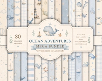 May include: A digital collection of 30 seamless patterns titled Ocean Adventures Mega Bundle. The watercolor designs feature light blue and cream backgrounds with illustrations of whales, lighthouses, sailboats, jellyfish, and lifebuoys.