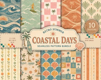Zestaw papieru cyfrowego Retro Summer | Nadmorskie bezszwowe wzory | Vintage Beach PNG | Album do scrapbookingu, sublimacja i nadruk na tkaninie | Do użytku komercyjnego