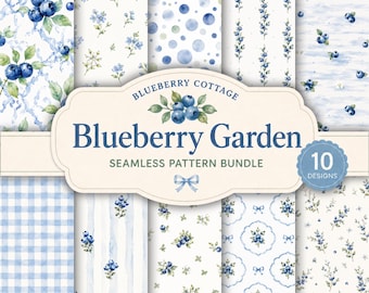 Zestaw bezszwowych wzorów Blueberry Cottagecore | Cyfrowy papier akwarelowy z niebieskimi kwiatami | Nadruk na tkaninie | Album do scrapbookingu | Do użytku komercyjnego