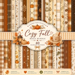 May include: A digital paper collection titled Cozy Fall Mega Bundle featuring 40 seamless patterns with watercolor illustrations of pumpkins, autumn leaves, acorns, lanterns, and mugs. The color palette includes shades of brown, orange, and cream.