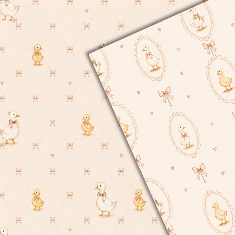 May include: A light cream-colored fabric or paper featuring a repeating pattern of small yellow ducklings wearing pink bows, interspersed with tiny pink bows and small green hearts, with some ducks framed in ornate oval borders.
