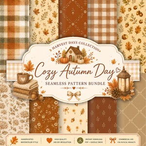 Może przedstawiać: Cyfrowy zestaw bezszwowych wzorów zatytułowany Harvest Days Collection Cozy Autumn Day, zawierający różne motywy jesienne, w tym kratę, liście, żołędzie, kwiaty, dom, kubek i latarnię w odcieniach brązu, pomarańczu i kremu.