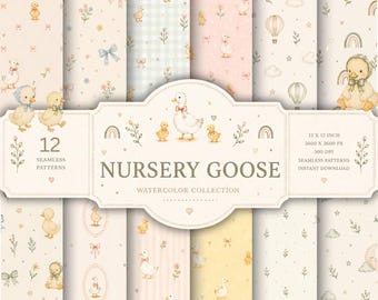 Pokój dziecięcy Little Goose | Zestaw 12 bezszwowych wzorów akwarelowych | Cyfrowe papiery Baby Goose | Nadruk na tkaninie do pokoju dziecięcego | Do użytku komercyjnego