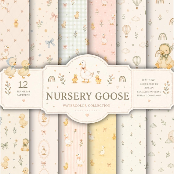Little Goose Nursery | 12 Seamless Watercolor Pattern Bundle | Baby Goose Digital Papers | Nursery Fabric Print | Commercial Use