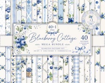 Mega pakiet papieru cyfrowego Blueberry Cottage | 40 bezszwowych wzorów akwarelowych + dodatkowy patchwork | Blueberry Cottagecore l Do użytku komercyjnego
