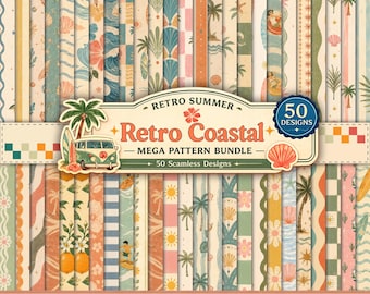 Mega zestaw bezszwowego wzoru retro w stylu nadmorskim | 50 letnich papierów cyfrowych | Plaża, surfing, muszle | Album ze zdjęciami, tkanina, wzory sublimacyjne
