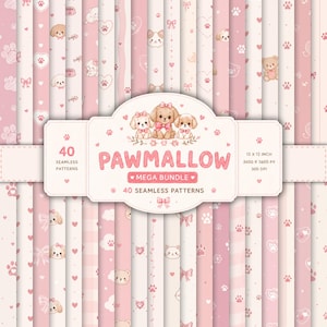 May include: A digital collection of 40 seamless patterns featuring light pink and cream backgrounds with illustrations of puppies, kittens, hearts, bows, and paw prints. The central label displays the text PAWMALLOW MEGA BUNDLE.
