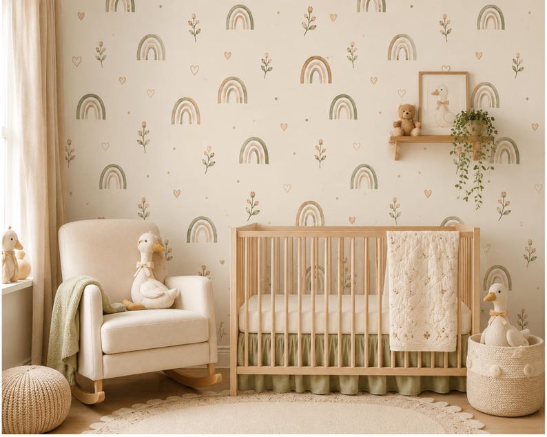 May include: A nursery room featuring wallpaper with a repeating pattern of muted green and tan rainbows, small flowers, and hearts. The room includes a light wood crib with a sage green skirt, a cream-colored rocking chair, and plush duck toys.