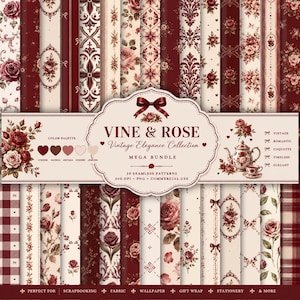 Vinrosa Vintage Elegans | Sömlöst Mönsterpaket | Digitalt Papper med Vinröd Blommor | Antikros PNG | Scrapbook & Tyg l Kommersiellt Användning
