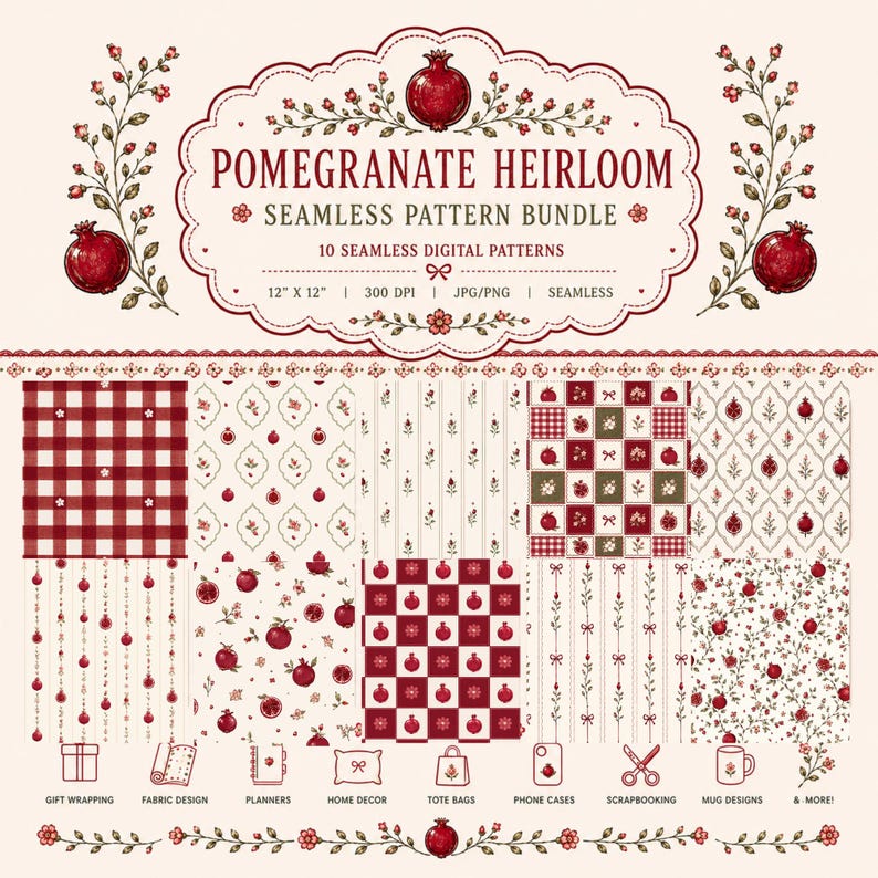 Retro Pattern Backing Paper Pomegranate Seamless Pattern Bundle L Vintage Floral Pomegranate ...