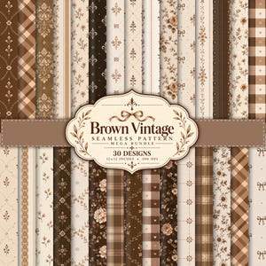 Può includere: Una collezione di trenta motivi digitali senza cuciture in tonalità marrone e crema, con motivi floreali, a quadri e damascati. Un'etichetta centrale mostra il testo Brown Vintage SEAMLESS PATTERN MEGA BUNDLE 30 DESIGNS 30,48 x 30,48 cm 300 DPI.