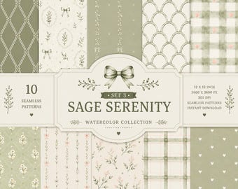 Lot de motifs transparents vert sauge | Papier numérique floral Heirloom Fine Line | Chambre d'enfant Cottage vintage | Aquarelle PNG | Conception par sublimation