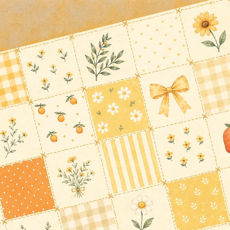 Peut inclure: Un motif de tissu compos&eacute; d'une grille de carr&eacute;s dans des tons de jaune, cr&egrave;me et orange. Les carr&eacute;s pr&eacute;sentent des illustrations de marguerites, tournesols, oranges, un n&oelig;ud, des rayures, des carreaux vichy, des pois et des brins de feuilles.