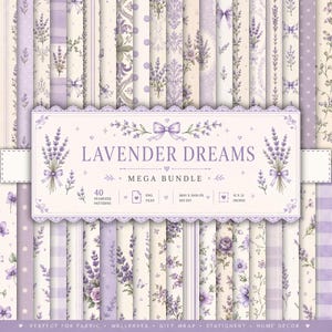 Könnte beinhalten: Eine digitale Sammlung von 40 nahtlosen Mustern mit dem Titel Lavender Dreams Mega Bundle, die Lavendelzweige, Schleifen und florale Motive in Lila- und Cremetönen zeigt. Das zentrale Etikett enthält den Text Lavender Dreams Mega Bundle.