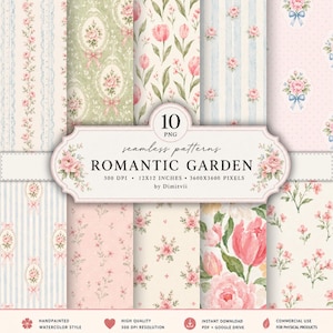 Sömlöst mönsterpaket med Grandmillennial | Digitalt papper med akvarellblommor i vintagestil | Coquette Cottagecore-rosor | Fransk lantlig shabby chic