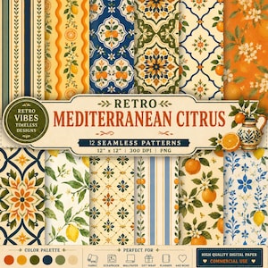 Op de afbeelding: Een digitale collectie van 12 naadloze patronen met mediterrane citrusthema's, waaronder sinaasappels, citroenen en bloemmotieven in blauw, oranje, groen en crème. De tekst luidt RETRO MEDITERRANEAN CITRUS 12 SEAMLESS PATTERNS 30,48 cm x 30,48 cm 300 DPI PNG.