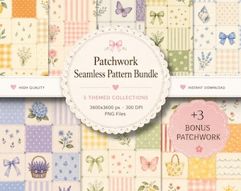 Zestaw wzorów patchworkowych bez szwu l Papier cyfrowy Cottagecore Summer Coastal, wiosenny kwiatowy nadruk na tkaninie, tło w stylu vintage, do użytku komercyjnego
