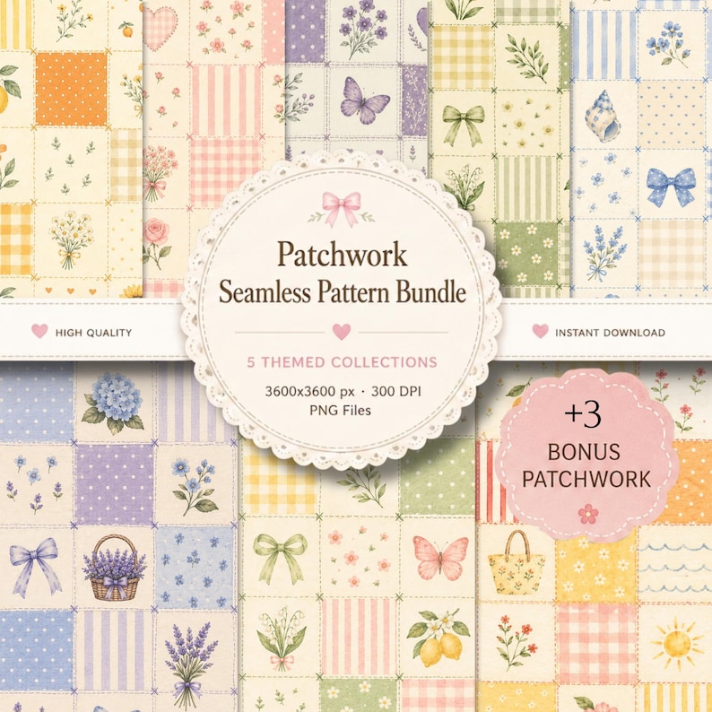 Lot de motifs sans couture patchwork l Cottagecore papier numérique côtier d'été, impression de tissu floral printanier, fond vintage, usage commercial image 1