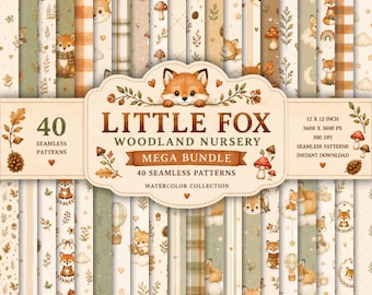 May include: A digital collection of 40 seamless patterns featuring watercolor illustrations of foxes, mushrooms, leaves, and woodland elements in beige, brown, and green tones. The central label displays the text LITTLE FOX WOODLAND NURSERY.