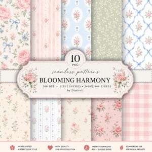 以下が含まれることがあります： BLOOMING HARMONYと題された10種類のシームレスパターンのデジタルコレクション。ピンクのバラ、青いリボン、ストライプ、ギンガムチェックの水彩画風花柄デザインで、30.5x30.5cmのPNGファイル形式、300DPIで提供されています。