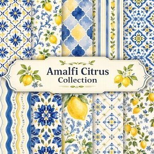 May include: A digital paper collection featuring various patterns of yellow lemons, green leaves, and blue floral motifs on a white background. A central cream-coloured label displays the text Amalfi Citrus Collection with lemon illustrations.