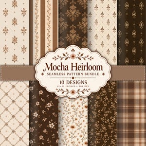Puede incluir: Una colección digital de diez patrones sin costuras titulada Mocha Heirloom, con paletas de colores marrón y crema con motivos florales, damasco, rayas y cuadros. La etiqueta central muestra el texto Mocha Heirloom Seamless Pattern Bundle 10 Designs 30,48 x 30,48 cm 300 DPI.