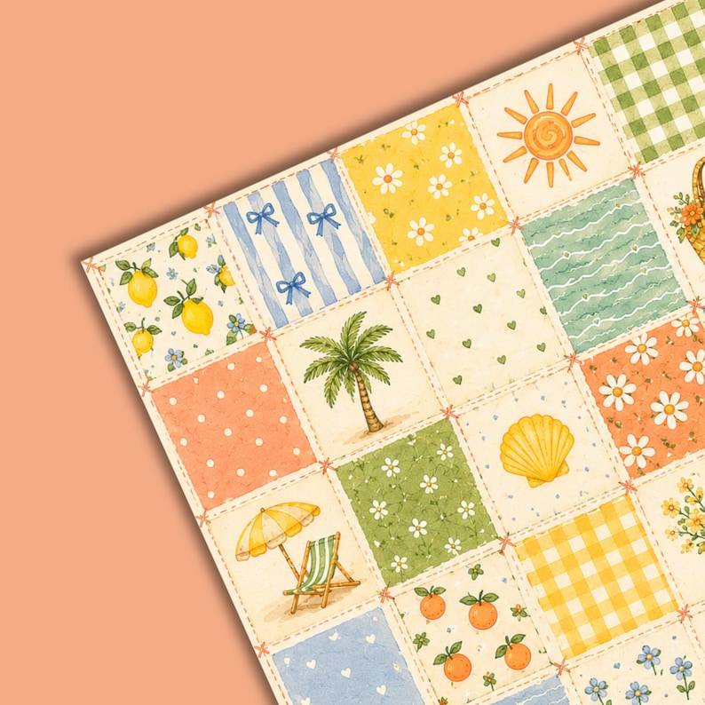 May include: A square fabric panel featuring a patchwork grid of various illustrations including lemons, blue bows on stripes, daisies, a sun, a palm tree, green hearts, a seashell, a beach umbrella with a chair, oranges, and gingham patterns.