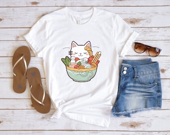 Cat Ramen T-Shirt, Kawaii Anime Shirt, Japanese Shirt, Korean Noodle Shirt, Cute Asian Food Tee, Ramen Kitten Graphic Tees, Gifts for Friend