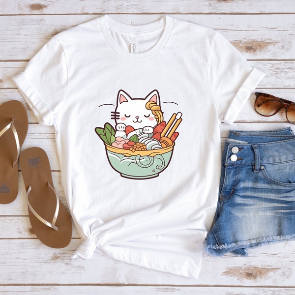 Cat Ramen T-Shirt, Kawaii Anime Shirt, Japanese Shirt, Korean Noodle Shirt, Cute Asian Food Tee, Ramen Kitten Graphic Tees, Gifts for Friend