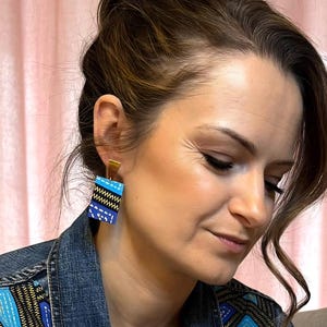 Handmade African fabric earrings – long geometric statement earrings, colorful and gold, lightweight bold jewelry