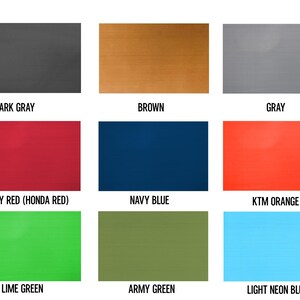 May include: Nine color swatches showing different shades of gray, brown, red, blue, orange, green, and light blue.