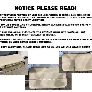 K&ouml;nnte beinhalten: Bild mit Text: "NOTICE PLEASE READ!" und einem beigefarbenen Yeti-K&uuml;hler. Der Text erkl&auml;rt, dass Deckel aufgrund von Texturunterschieden variieren k&ouml;nnen. Es wird empfohlen, die Gr&ouml;&szlig;e vor dem Kauf zu &uuml;berpr&uuml;fen und sich bei Bedarf zu melden.