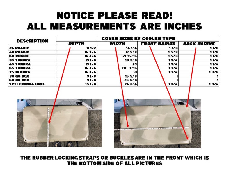 Puede incluir: Un gr&aacute;fico que muestra las dimensiones de diferentes tama&ntilde;os de enfriadores en pulgadas. El gr&aacute;fico incluye la descripci&oacute;n del enfriador, la profundidad, el ancho, el radio frontal y el radio posterior. El gr&aacute;fico est&aacute; etiquetado como "Notice Please Read! All Measurements Are Inches".