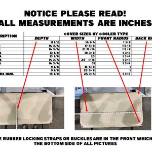 May include: A product information sheet with measurements in inches for various cooler types. The sheet includes depth, width, front radius, and back radius dimensions for models like 24 Roadie, 48 Roadie, and 60 Roadie.