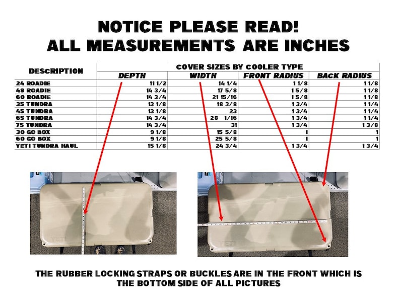 May include: A product information sheet with measurements in inches for various cooler types. The sheet includes depth, width, front radius, and back radius dimensions for models like 24 Roadie, 48 Roadie, and 60 Roadie.